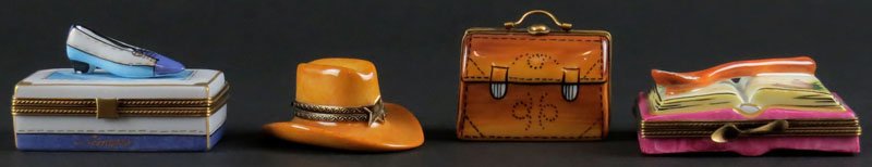 Collection of Four (4) Limoges France Porcelain Figural: Collection of Four (4) Limoges France Porcelain Figural Boxes with Hinged Covers. Signed. Good Condition. Longest Box Measures 3 Inches Long. Shipping $20.00