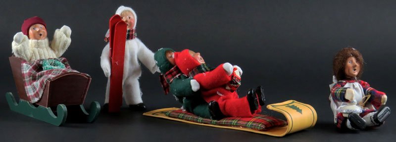 Collection of Byers Choice Children on Sled and Related: Collection of Byers Choice Children on Sled and Related Christmas Dolls. Signed Under Base. Skis Unglued or else Good Condition. Large Sled Measures 9-1/8 Inches Long. Shipping $20.00