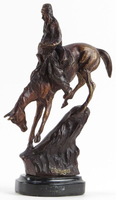 after: Frederic Remington (1861-1909) Bronze Sculpture: after: Frederic Remington (1861-1909) Bronze Sculpture on Marble Base. "Mountain Man". Good Condition. Measures 11-1/2 Inches Tall and 4 Inches Wide. Shipping $30.00