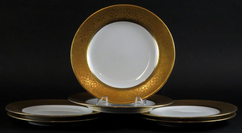 Six (6) Spode Copeland's China Dessert Plates with: Six (6) Spode Copeland's China Dessert Plates with Raised Gilt Border. Signed. Repair to One Plate, Rubbing to Gilt Rims Otherwise Good Condition. Measure 9 Inches Diameter. Proceeds of the sale of th