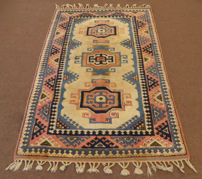 Large Wool Geometric Area Rug. Staining or else Good: Large Wool Geometric Area Rug. Staining or else Good Condition. Measures 83 Inches by 48 Inches. We Will Not Ship This Item In-House Due to Its Size, But Would be Happy to Recommend a List of Gallery