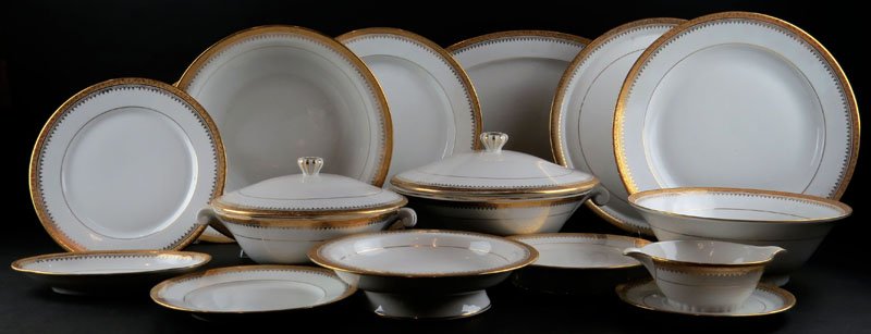 Forty-Five (45) Piece Limoges France Porcelain Partial: Forty-Five (45) Piece Limoges France Porcelain Partial Dinner Service in an Unknown Pattern. Service Includes: 22 Dinner Plates Measuring 9-1/2 Inches Diameter, 6 Salad Plates, 3 Soup Bowls, 2 Serving