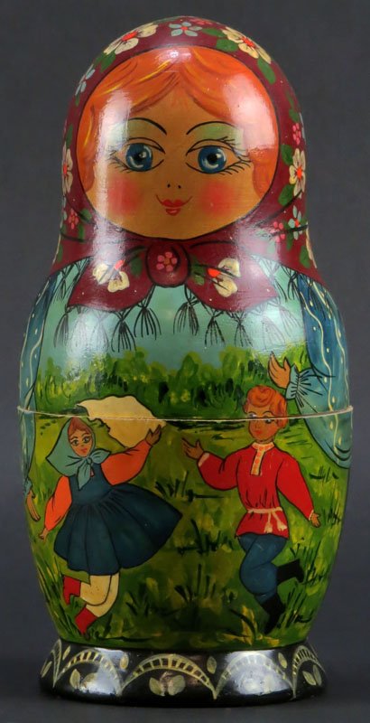 Matryoshka Russian Nesting Dolls. Unsigned. Openings to: Matryoshka Russian Nesting Dolls. Unsigned. Openings to Dolls Slightly Askew or else Good Condition. Largest Doll Measures 8 Inches Tall and 3-7/8 Inches Wide. Shipping $20.00