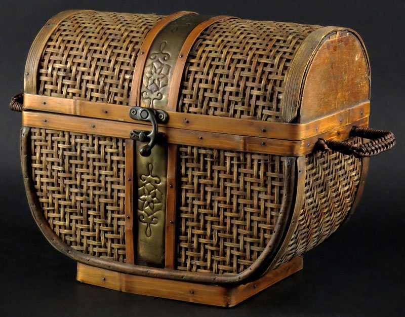 Chinese Wicker Sewing Box with Handles. Unsigned. Good: Chinese Wicker Sewing Box with Handles. Unsigned. Good Condition. Measures 10-1/2 Inches by 11-3/4 Inches. Shipping $25.00