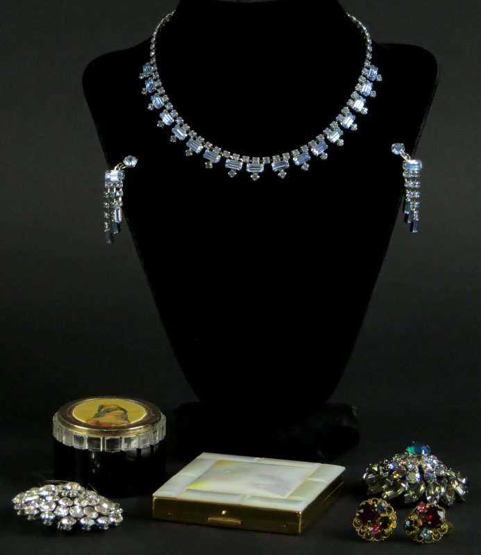 Mixed Lot of Costume Jewelry, Small Box and Mother of: Mixed Lot of Costume Jewelry, Small Box and Mother of Pearl Topped Compact with Eileen Engraved Underneath. Shipping $20.00