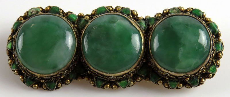 Antique Chinese Silver Vermeil and Jade Brooch Pin.: Antique Chinese Silver Vermeil and Jade Brooch Pin. Signed Silver and China. Good Condition. Measures 1-3/4 Inches Long and 3/4 Inch Wide. Shipping $20.00