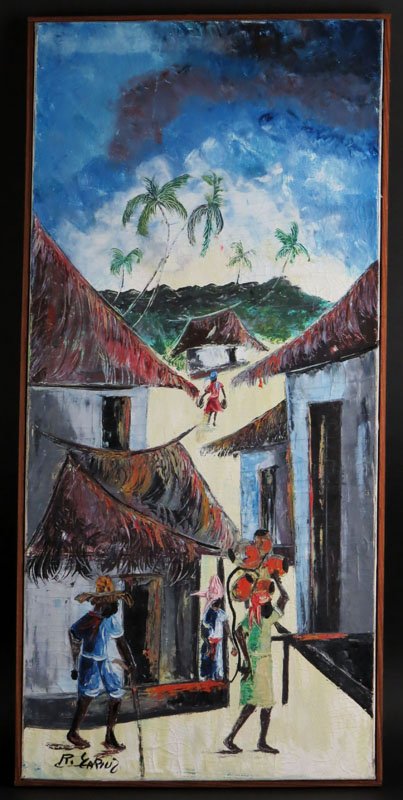 Signed Haitian or Caribbean Oil on Canvas. Signed Lower: Signed Haitian or Caribbean Oil on Canvas. Signed Lower Left Illegible. Good Condition, Craquelure. Measures 30-3/8 Inches by 14-1/4 Inches. Shipping $76.00