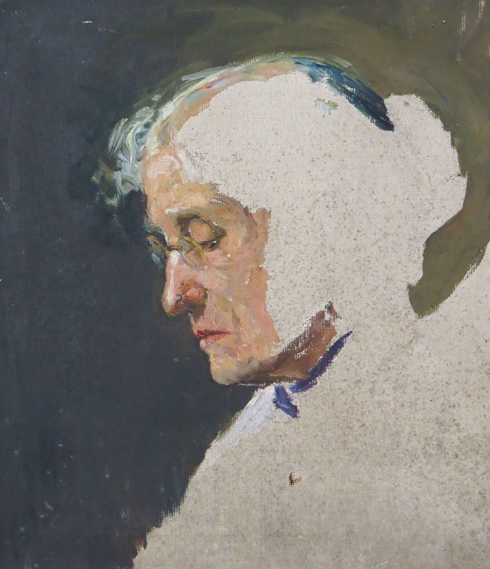 Nell Christmas McMillan Pease American-New Jersey: Nell Christmas McMillan Pease American-New Jersey (1883-1958) Oil on Canvas "Unfinished Portrait of an Older Woman with Glasses" Unsigned. Scuffing, Small Hole Under Neck. Please Examine This Lot Care