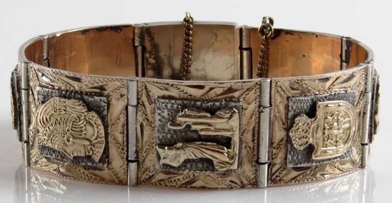 Vintage Silver and Gold Mayan Inca Panel Bracelet with: Vintage Silver and Gold Mayan Inca Panel Bracelet with Safety Chain. One (1) Panel with Fancy Monogram. Unsigned. Good Condition. Measures about 6-3/4 Inches Long and 3/4 Inch Wide. Shipping $20.00