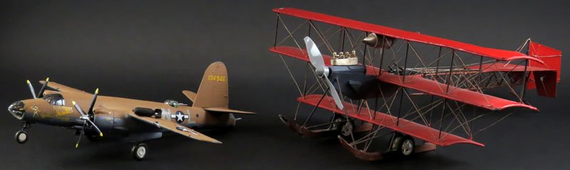 Metal Model of Trip Wing Airplane with Water Ski: Metal Model of Trip Wing Airplane with Water Ski Landing Capability together with Plastic Airforce Yankee Gorilla Prop Plane Model. Unsigned. Small Bend to Wing or else Good Condition, Some Separation