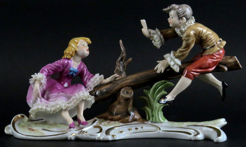 20th Century KPM Porcelain Figural Group "Children on: 20th Century KPM Porcelain Figural Group "Children on Seesaw" Signed. Good Condition. Measures 6-3/4 Inches Tall and 12 Inches Long. Shipping $24.00