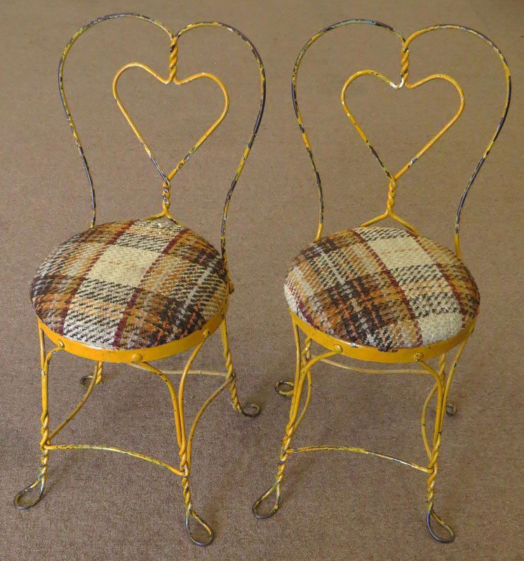 Pair of 1950's Wrought Iron Painted Ice Cream Chairs.: Pair of 1950's Wrought Iron Painted Ice Cream Chairs. Paint Loss or else Good Condition. Measures 34-1/2 Inches by 16 Inches. We will not ship this item due to its size. We will happily recommend a li