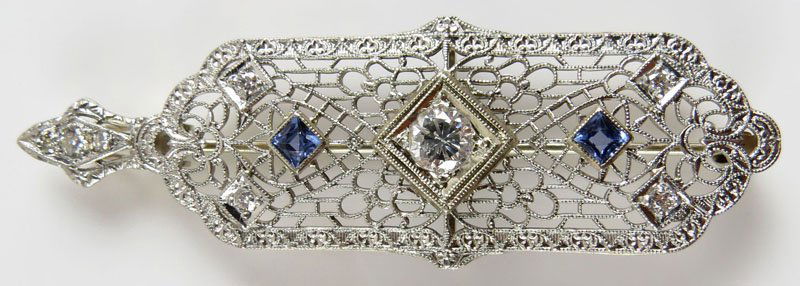 Art Deco 14 Karat White Gold, Sapphire and Diamond: Art Deco 14 Karat White Gold, Sapphire and Diamond Pendant or Bar Pin with Filigree. Signed 14K and Makers Mark. Very Good Condition. Weighs 3.70 Pennyweights. Measures 2-1/4 Inches Long. Shipping $20