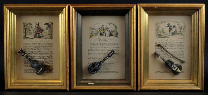 Set of Three (3) Faux Tortoise Shell and Mother of: Set of Three (3) Faux Tortoise Shell and Mother of Pearl Inlaid Miniature String Instruments Mounted Atop Decorative Shadowbox Style Framed Sheet Music. One (1) Shadowbox with Fragments Dislodged and 
