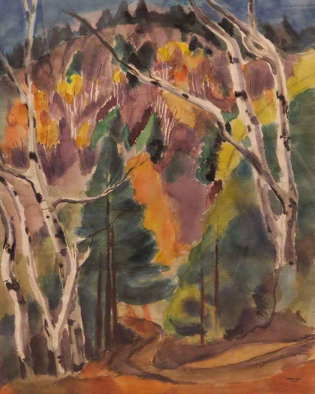after: Bertram Hartman American-New York/Kansas: after: Bertram Hartman American-New York/Kansas (1882-1960) Watercolor on Paper "Birch Trees Forest Scene" Signed Lower Right Estate Stamp. Good Condition. Measures 30-1/2 Inches by 25 Inches. We Will