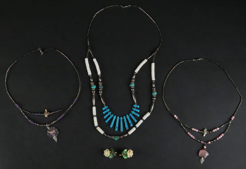 Pair of Hallmarked Sterling Silver, Marcasite and: Pair of Hallmarked Sterling Silver, Marcasite and Enamel Clip Back Earrings together with Three (3) Costume Jewelry Necklaces. Shipping $20.00