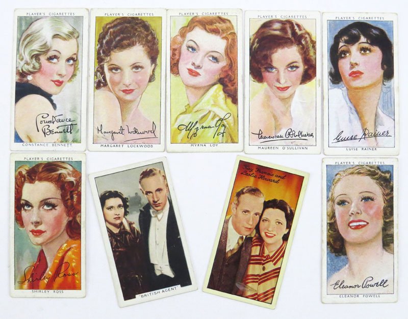 Seven (7) Film Stars Third Series Players Cigarette: Seven (7) Film Stars Third Series Players Cigarette Cards #4, 23, 24, 35, 38, 39 and 42 together with Film Stars Leslie Howard and Kay Francis 1935 Carreras Famous Film Stars Tobacco Card #76 and Famo