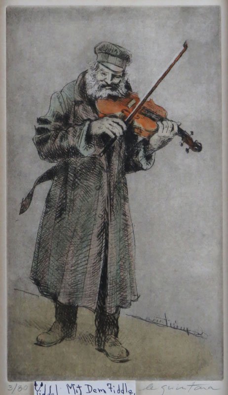 Le Quintana Limited Edition Lithograph "Fiddler" Signed: Le Quintana Limited Edition Lithograph "Fiddler" Signed Lower Right and Limited Edition 3/80 Lower Left. Someone Added a Name "Yiddel mit dem fiddle" Taped to front. Good Condition. Frame Measures 17-