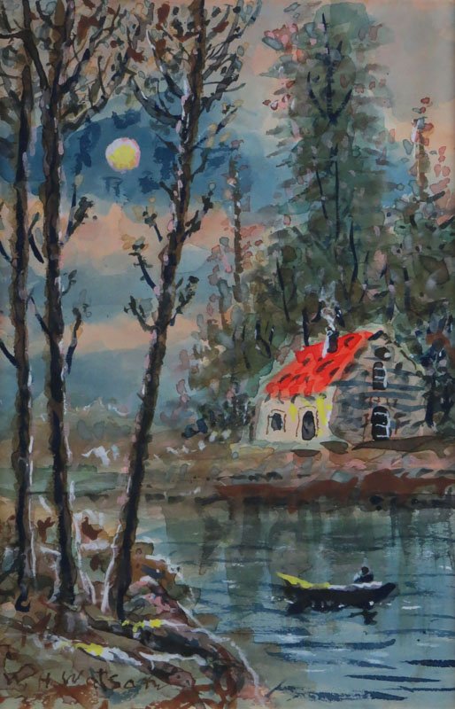 W. H. Watson Watercolor on Paper "Lake and Cabin Under: W. H. Watson Watercolor on Paper "Lake and Cabin Under the Moon" Signed W. H. Watson Lower Left. Good Condition. Good Condition. Measures 23-1/2 Inches by 19 Inches. Shipping $60.00
