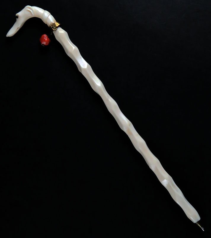 Unusual Vintage Carved Asian Elephant Ivory Pen with: Unusual Vintage Carved Asian Elephant Ivory Pen with Inlaid Eyes and Whippet or Greyhound Head. Provenance: Local Estate Collection. Unsigned. Has Collar with what Appears to be a Coral Attachment. Go