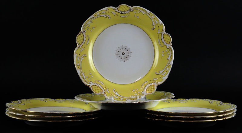 Set of Eight (8) Mintons England Porcelain Dinner: Set of Eight (8) Mintons England Porcelain Dinner Plates. Signed and Retailers Mark. Measures 10 Inches Diameter. Normal Wear from Use and Rubbing to Rim Edges and Center or else Good Condition. Shipp