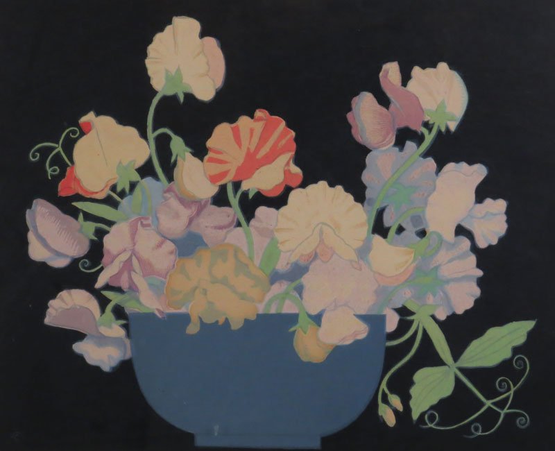 John Hall Thorpe British (1874-1947) Color Woodcut: John Hall Thorpe British (1874-1947) Color Woodcut "Sweet Peas" Signed Lower Right and Titled Lower Left. Toning or Good Condition. Frame Measures 16-1/4 Inches by 18 Inches. Shipping $55.00