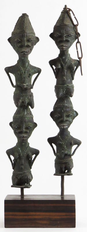 Ogoni or Ogony Tribe Nigeria Metal Sculpture Mounted on: Ogoni or Ogony Tribe Nigeria Metal Sculpture Mounted on Wooden Base. Unsigned. Good Condition. Measures 15 Inches Tall and Base Measures almost 4-3/4 Inches Wide. Shipping $40.00