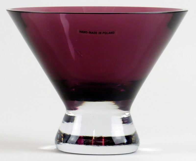 Modern Hand Blown Clear and Purple Polish Crystal Art: Modern Hand Blown Clear and Purple Polish Crystal Art Glass Pedestal Bowl. Plastic Label Hand Made Poland. Popped Bubble Interior of Bowl or else Good Condition. Measures 5-1/4 Inches Tall and 6-3/4 I