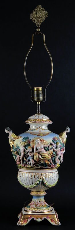 Vintage Capodimonte Italian Porcelain Lamp. Signed.: Vintage Capodimonte Italian Porcelain Lamp. Signed. Good Condition. Measures 33 Inches Tall to Finial and 9 Inches Wide. Shipping $100.00