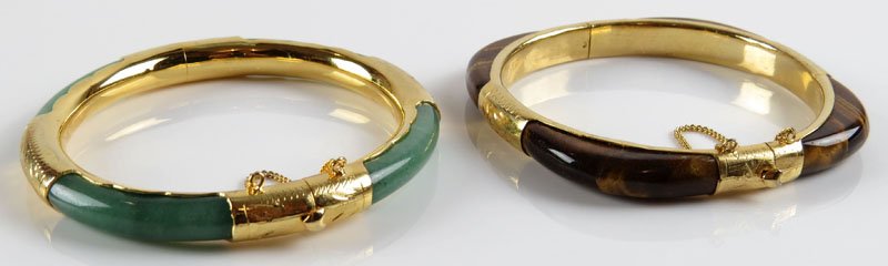 Green Jade and Tigereye Costume Jewelry Bracelets Each: Green Jade and Tigereye Costume Jewelry Bracelets Each with Safety Chain. Unsigned. Good Condition. Shipping $20.00