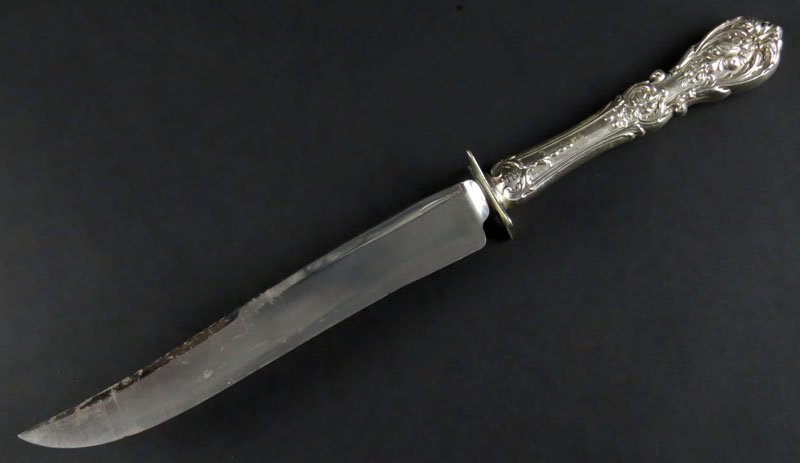 Large Reed and Barton Sterling Silver Carving Knife: Large Reed and Barton Sterling Silver Carving Knife with Super Stainless Blade in the "Francis I" Pattern. Signed. Good Condition. Measures 13-1/2 Inches. Shipping $20.00