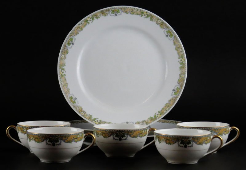 Collection of Three (3) Noritake Porcelain Dinner: Collection of Three (3) Noritake Porcelain Dinner Plates in the "Westminster" Pattern together with Five (5) Cups in the Same Pattern. Good Condition. Plates Measure almost 10 Inches Diameter. Shippin