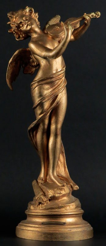 19/20th Century Gilt Spelter Inspiration Sculpture par: 19/20th Century Gilt Spelter Inspiration Sculpture par Flora Metal Nameplate. Has Original Foundry Mark. Sculpture Missing Bow and Repainted or else Good Condition. Measures 18-5/8 Inches Tall. Shippi