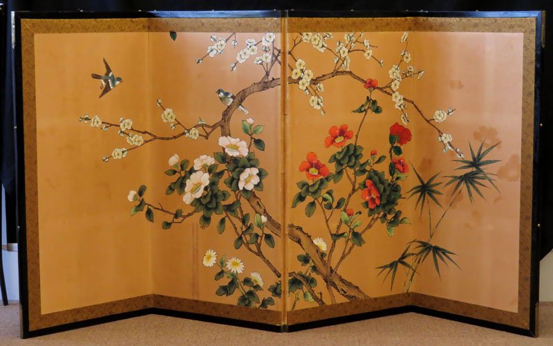 Two (2) Chinese Four (4) Panel Hand Painted Folding: Two (2) Chinese Four (4) Panel Hand Painted Folding Screens. Unsigned. Stains, Corrosion to Brass, Scratching or else Good Condition. Measures 35 Inches by 70 Inches. We Will Not Ship This Item In-Hou