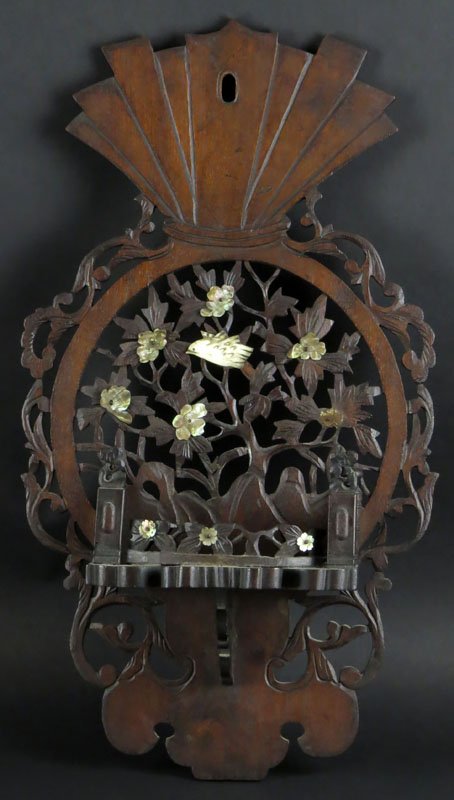 Antique Carved Wooden Japanese Shibiyama Style Wall: Antique Carved Wooden Japanese Shibiyama Style Wall Shelf with Mother of Pearl and Abalone Inlaid Bird and Floral Decoration. One (1) Flower Not Attached but Present and Bird with Loss or else Good Co