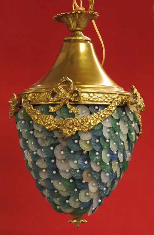 Chunk Jewel Style Bronze Mounted Ceiling Hung Light: Chunk Jewel Style Bronze Mounted Ceiling Hung Light Fixture. Unsigned. Good Condition. Measures 16 Inches Long and about 11 Inches Diameter. Shipping $90.00