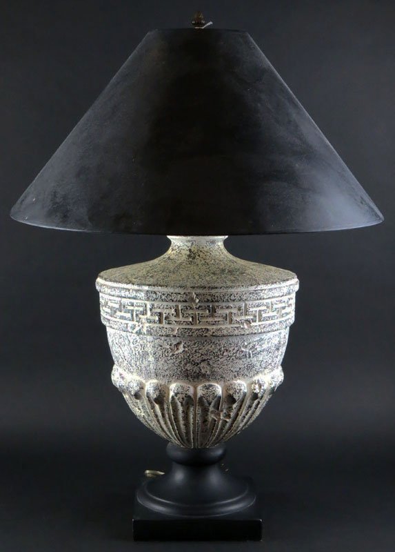 Modern Greek Key Decorative Plaster Urn Lamp. Good: Modern Greek Key Decorative Plaster Urn Lamp. Good Condition, Minor Nick to Base. Measures 32 Inches Tall to Finial. Shipping $100.00