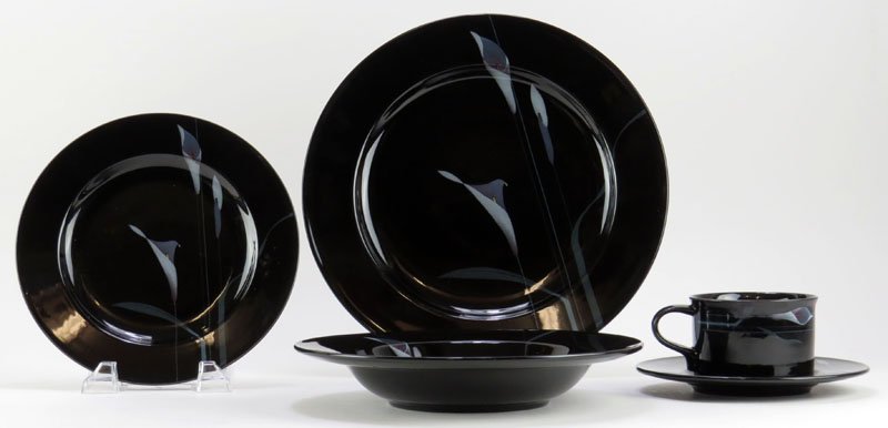 Fifty Eight (58) Piece Mikasa Galleria Japan Porcelain: Fifty Eight (58) Piece Mikasa Galleria Japan Porcelain Dinner Service in the "Opus-Black" Pattern FK701. Service Includes: 11 Dinner Plates Measuring 11-1/8 Inches, 12 Salad Plates, 11 Bread Dishes, 1
