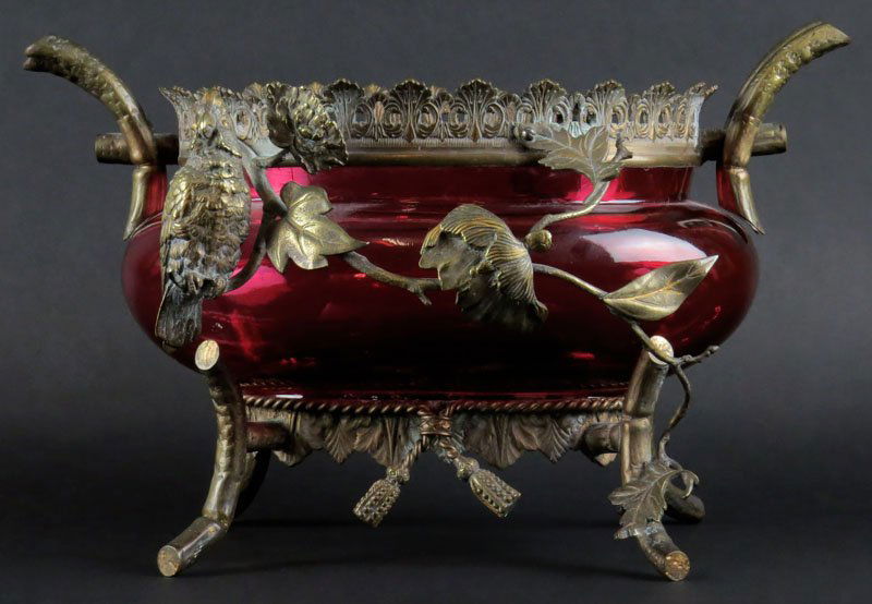 Art Nouveau Gilt Spelter Mounted Ruby Red Glass Bowl (1 of 1)