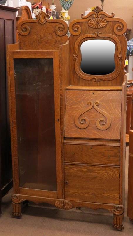 Art Nouveau Oak Curio-Secretary Cabinet. Key Antique Art Nouveau Oak Curio-Secretary Cabinet. Key - Art Nouveau Oak Curio-Secretary Cabinet. Key