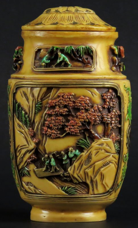 20th Century Chinese Enameled Faux Ivory Covered Vase. (1 of 2)