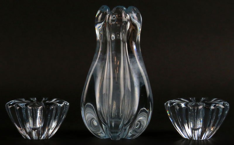 Three (3) Piece Orrefores Crystal Garniture. Each Piece: Three (3) Piece Orrefores Crystal Garniture. Each Piece Signed. Center Vase with some Calcium Staining and Scratching to Bases or else Good Condition. Vase Measures 8-1/2 Inches Tall. Shipping $50.00