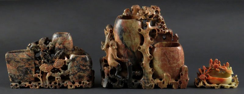 Three (3) Chinese Soapstone Sculptures. Unsigned.: Three (3) Chinese Soapstone Sculptures. Unsigned. Largest with Repair. Measures 7-1/4 Inches Tall and 8 Inches Wide. Shipping $36.00