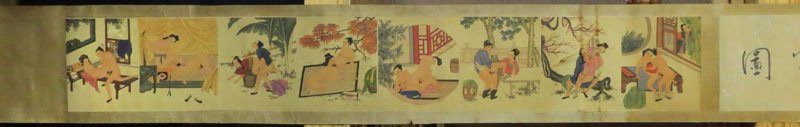 Antique Chinese Erotic Scroll. Signed. Staining, Minor: Antique Chinese Erotic Scroll. Signed. Staining, Minor Rip or else Good Condition. Measures 88 Inches Long and 10 Inches Wide. Shipping $20.00