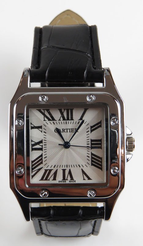 Cartier Replica Wristwatch with Leather Band. Bears: Cartier Replica Wristwatch with Leather Band. Bears Cartier Signature Four (4) Different Places. Good Condition. Shipping $20.00