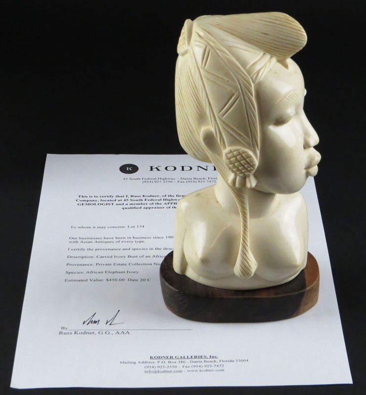 20th Century Carved African Elephant Ivory Bust of an (1 of 1)