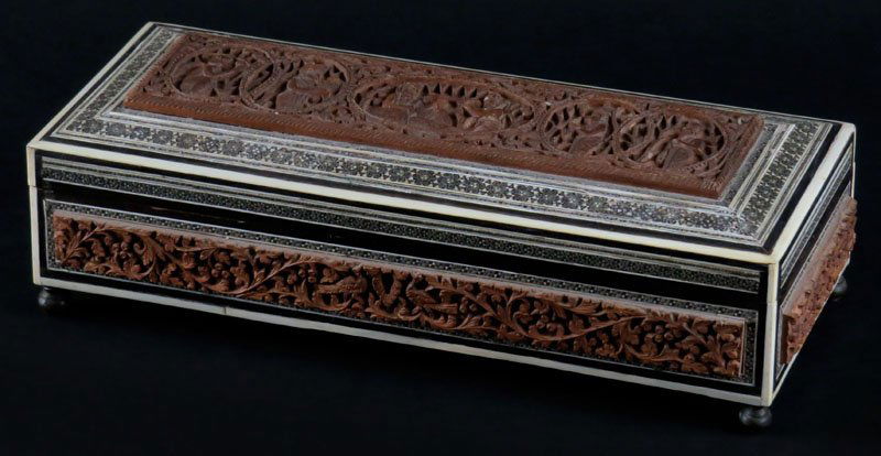 20th Century Inlaid Wooden Large Footed Hinged Box. (1 of 1)