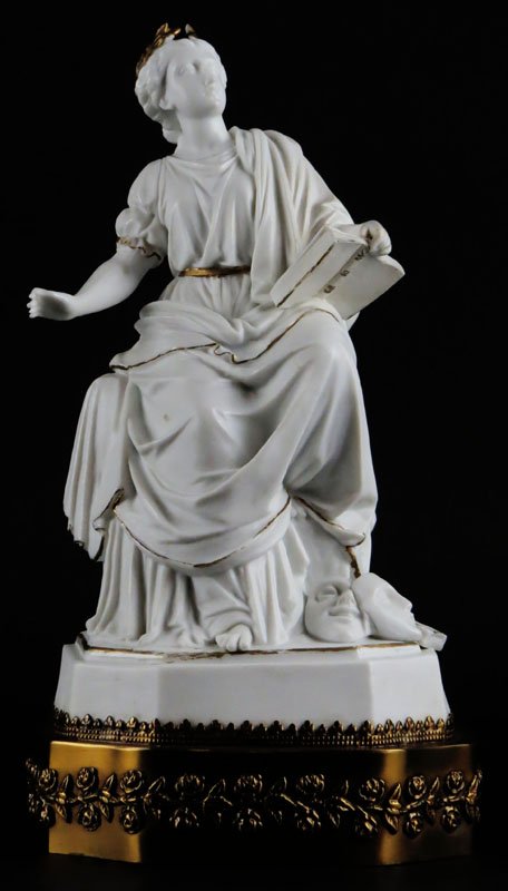 Art Union of Great Britain English Parian Bisque: Art Union of Great Britain English Parian Bisque Porcelain Sculpture Mounted on Gilt Bronze or Metal Base. Signed along Rear Column. Minor Chips to Crown or else Good Condition. Measures 11-7/8 Inches