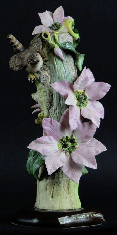Cybis House Wren & Clematis Bird on Stump with Vines: Cybis House Wren & Clematis Bird on Stump with Vines Porcelain Sculpture Figure Mounted on Wooden Base. Signed and #259. Title Attached or else Good Condition. Measures 12-7/8 Inches Tall and Base Mea