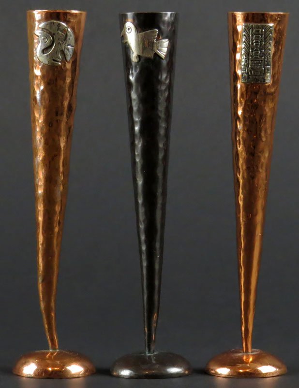 Three (3) Copper with Sterling Overlay Bud Vases. (1 of 1)